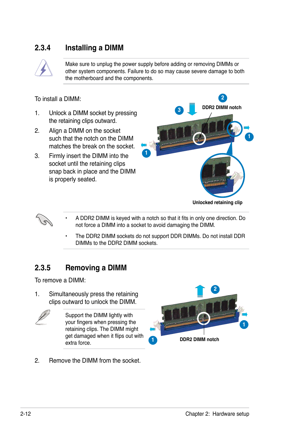 4 installing a dimm, 5 removing a dimm, Installing a dimm -12 | Removing a dimm -12 | Asus TS500-E5/RX8 User Manual | Page 32 / 164