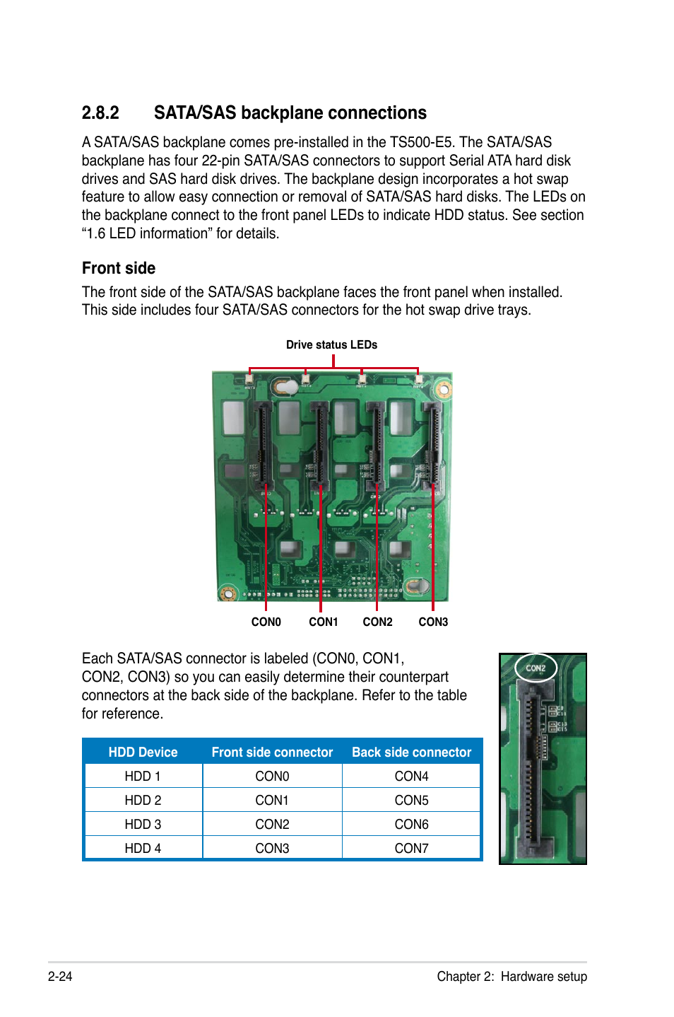 2 sata/sas backplane connections, Sata/sas backplane connections -24, Front side | Asus TS500-E5/RX8 User Manual | Page 44 / 164