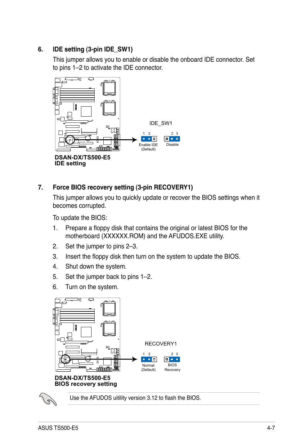 Dsan-dx/ts500-e5 ide setting, Dsan-dx/ts500-e5 bios recovery setting, Ide_sw1 | Recovery1 | Asus TS500-E5/RX8 User Manual | Page 61 / 164