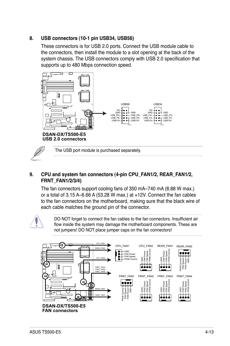 The usb port module is purchased separately, Dsan-dx/ts500-e5 fan connectors | Asus TS500-E5/RX8 User Manual | Page 67 / 164
