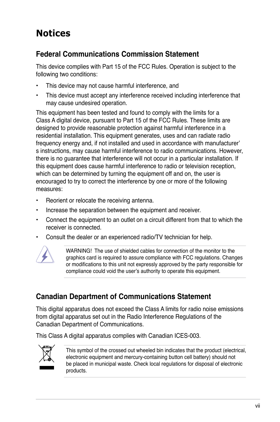 Notices, Federal communications commission statement, Canadian department of communications statement | Asus TS500-E5/RX8 User Manual | Page 7 / 164