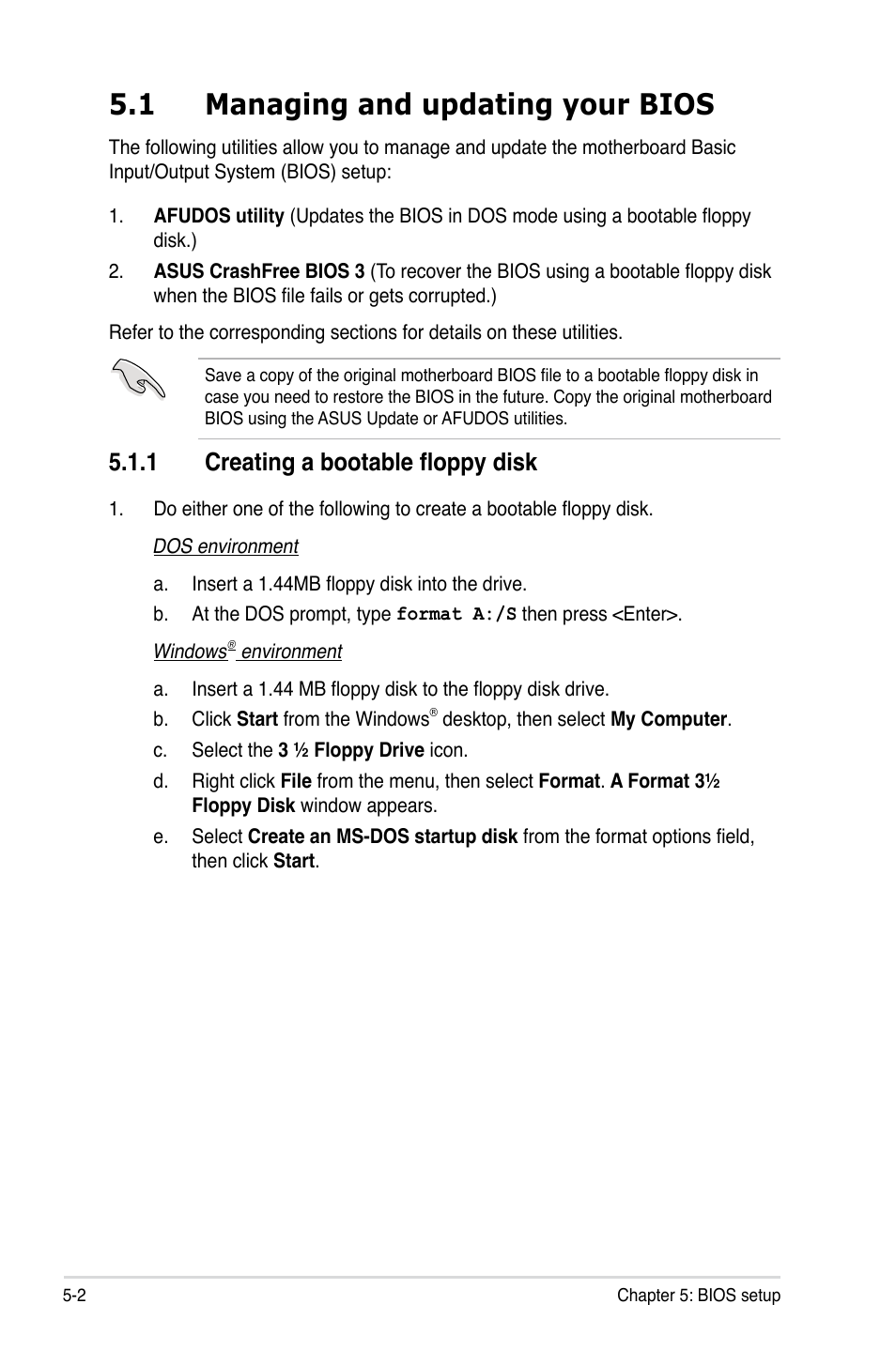 1 managing and updating your bios, 1 creating a bootable floppy disk, Managing and updating your bios -2 5.1.1 | Creating a bootable floppy disk -2 | Asus TS500-E5/RX8 User Manual | Page 74 / 164