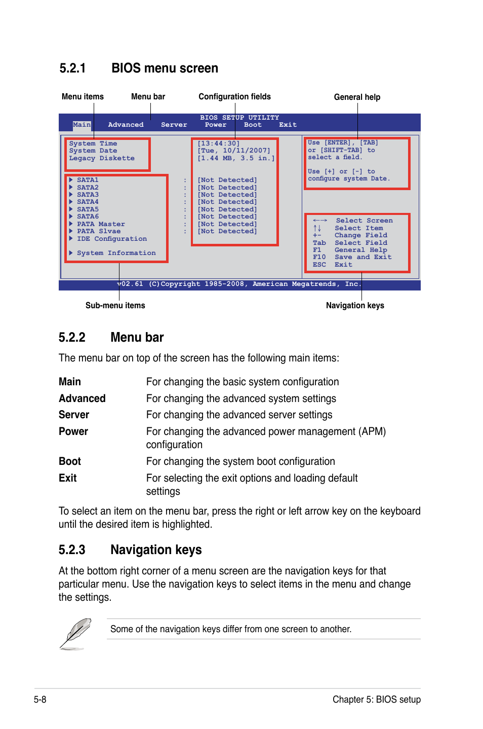 1 bios menu screen, 2 menu bar, 3 navigation keys | Bios menu screen -8, Menu bar -8, Navigation keys -8 | Asus TS500-E5/RX8 User Manual | Page 80 / 164
