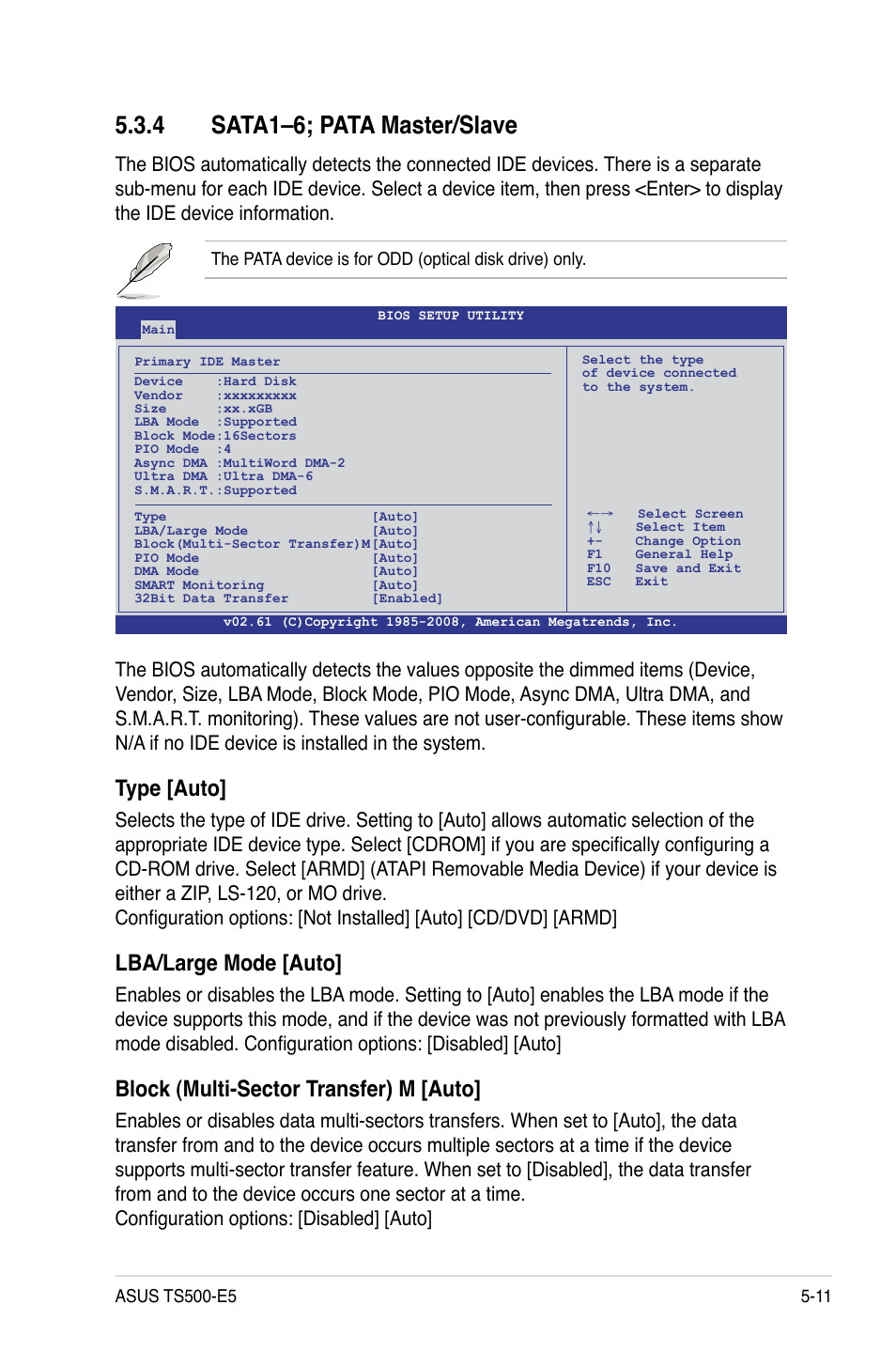 4 sata1–6; pata master/slave, Sata1–6; pata master/slave -11, Type [auto | Lba/large mode [auto, Block (multi-sector transfer) m [auto | Asus TS500-E5/RX8 User Manual | Page 83 / 164