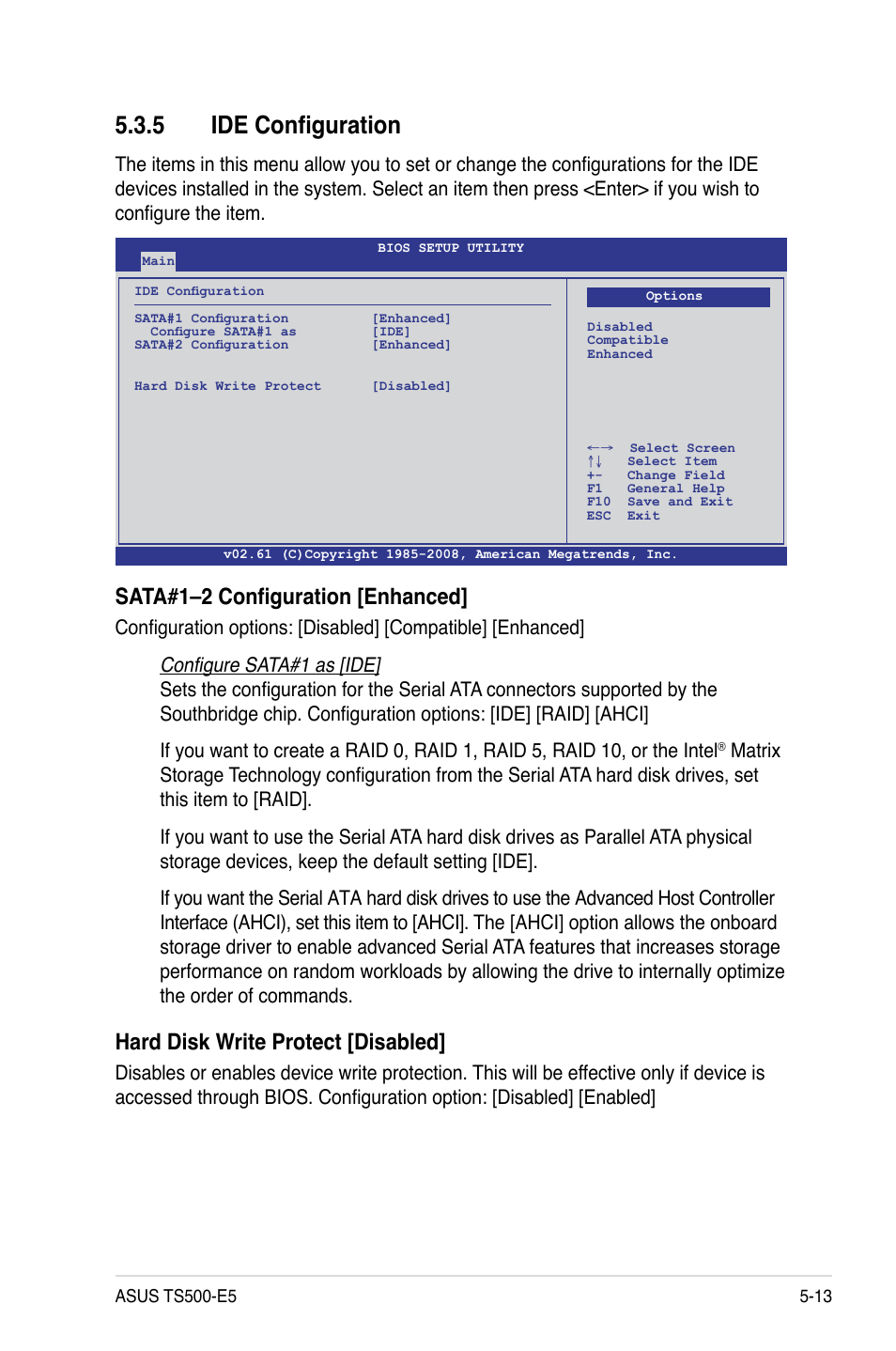 5 ide configuration, Ide configuration -13, Sata#1–2 configuration [enhanced | Hard disk write protect [disabled | Asus TS500-E5/RX8 User Manual | Page 85 / 164