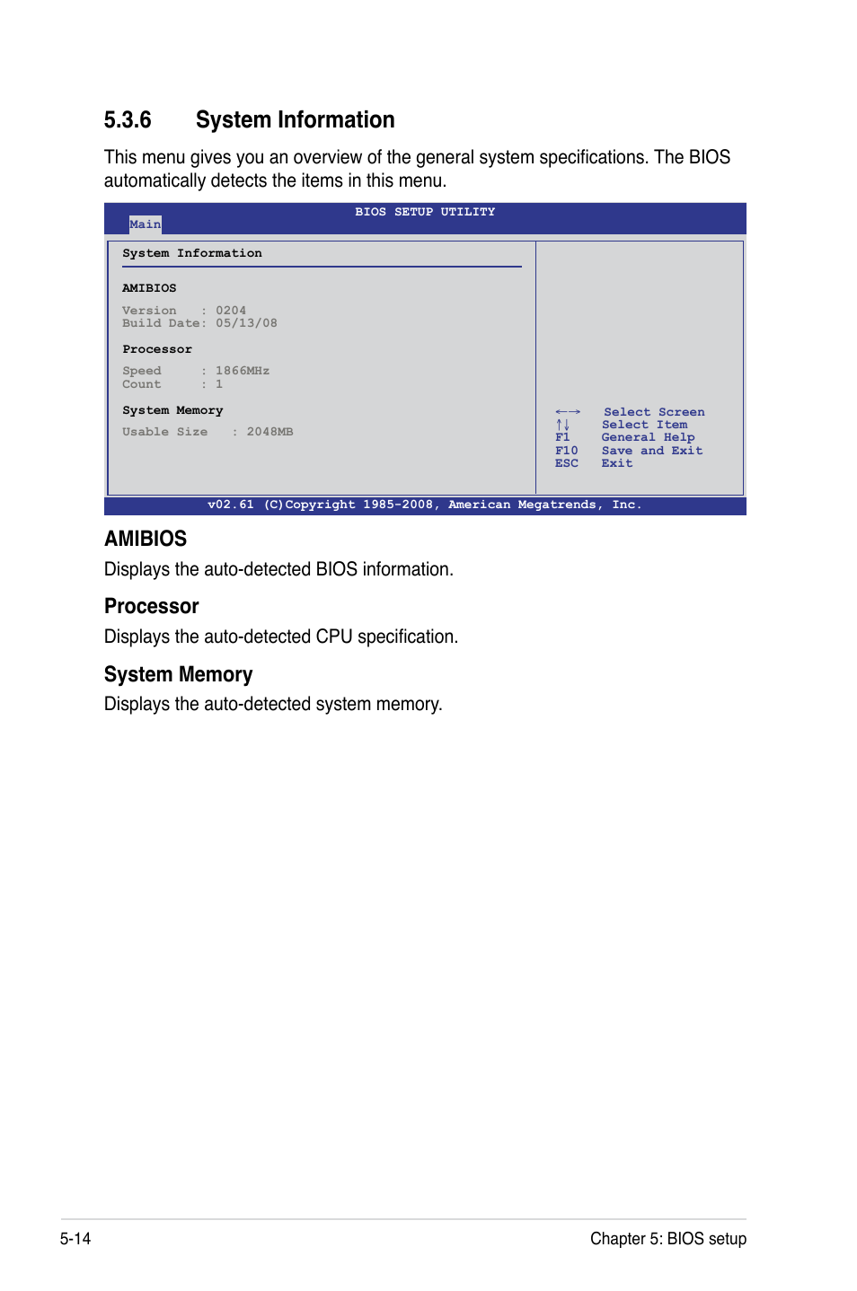 6 system information, System information -14, Amibios | Processor, Displays the auto-detected bios information, Displays the auto-detected cpu specification | Asus TS500-E5/RX8 User Manual | Page 86 / 164