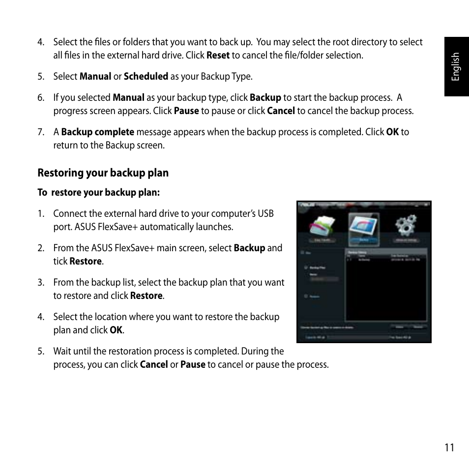 Restoring your backup plan | Asus FlexSlim Drive User Manual | Page 11 / 14