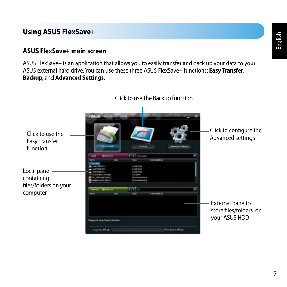 Using asus flexsave, Asus flexsave+ main screen | Asus FlexSlim Drive User Manual | Page 7 / 14