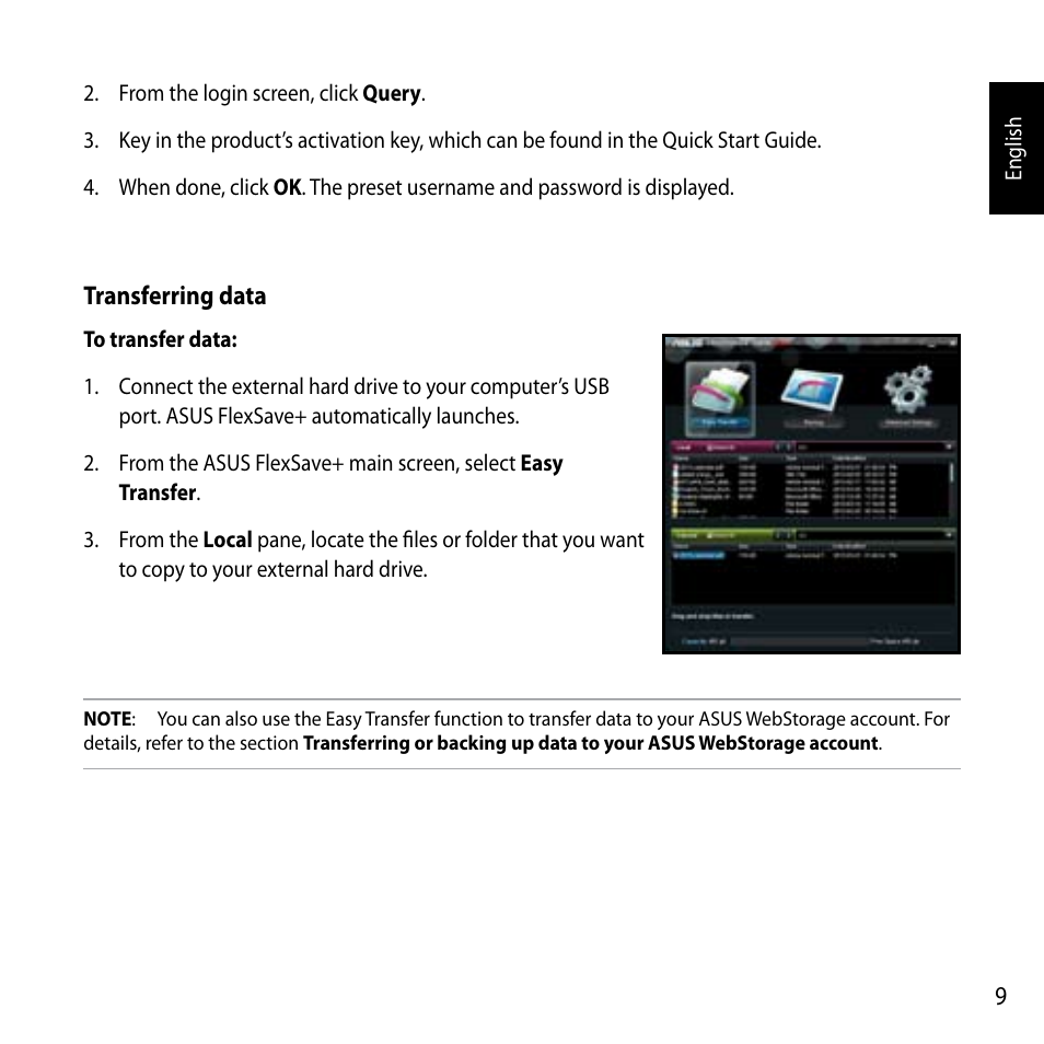 Searching for your preset username and password, Transferring data to your external hard drive | Asus FlexSlim Drive User Manual | Page 9 / 14