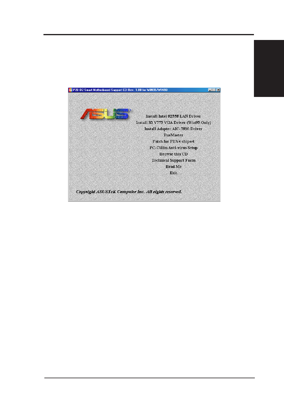 V. support cd, Windows 98 support cd main menu | Asus P2B-D2 User Manual | Page 63 / 152