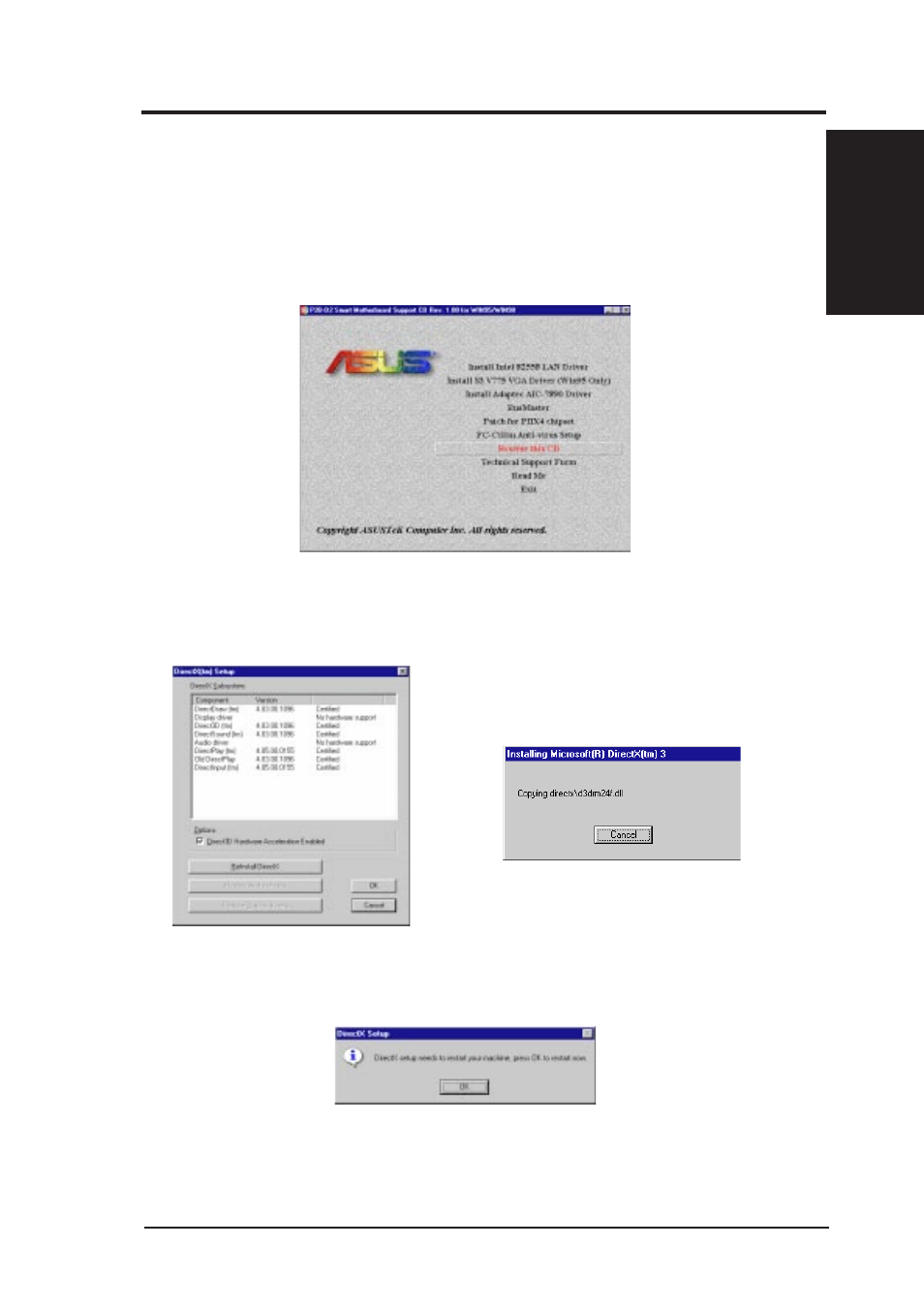 Windows 98, Installing directx | Asus P2B-D2 User Manual | Page 67 / 152