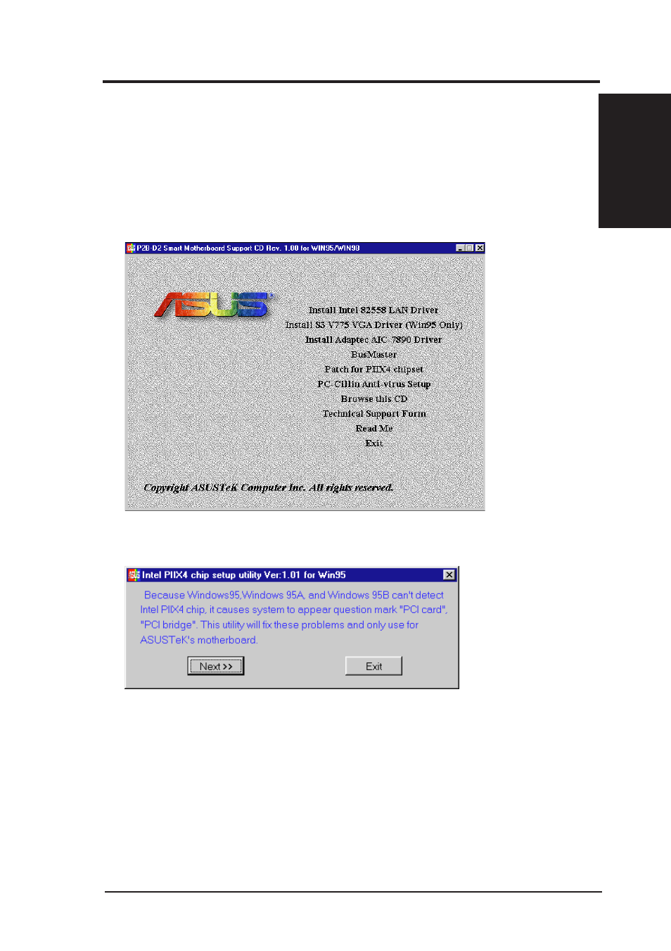 Windows 98, E. install patch for piix4 chipset | Asus P2B-D2 User Manual | Page 71 / 152