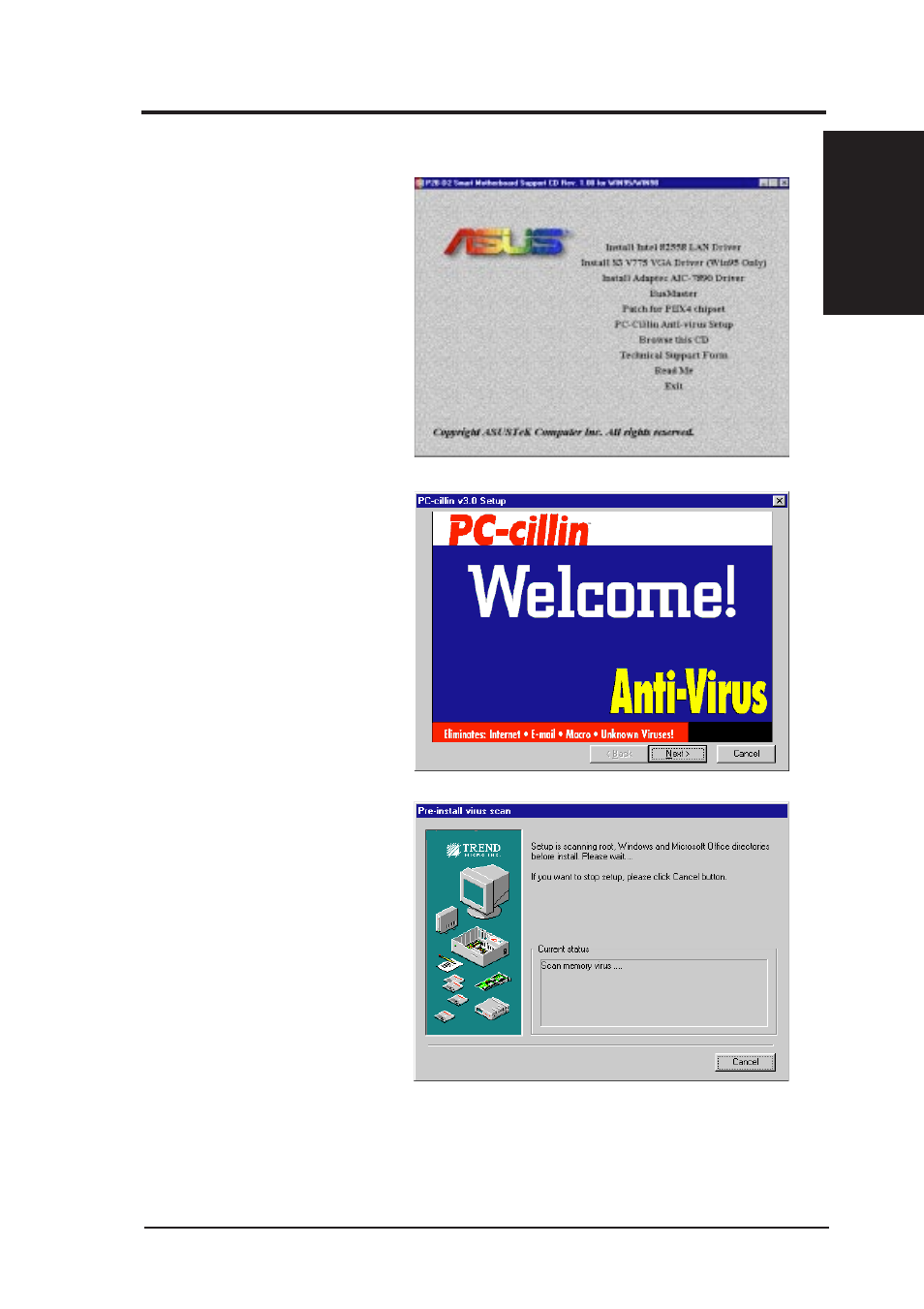 Windows 98, F. pc-cillin anti-virus setup | Asus P2B-D2 User Manual | Page 73 / 152