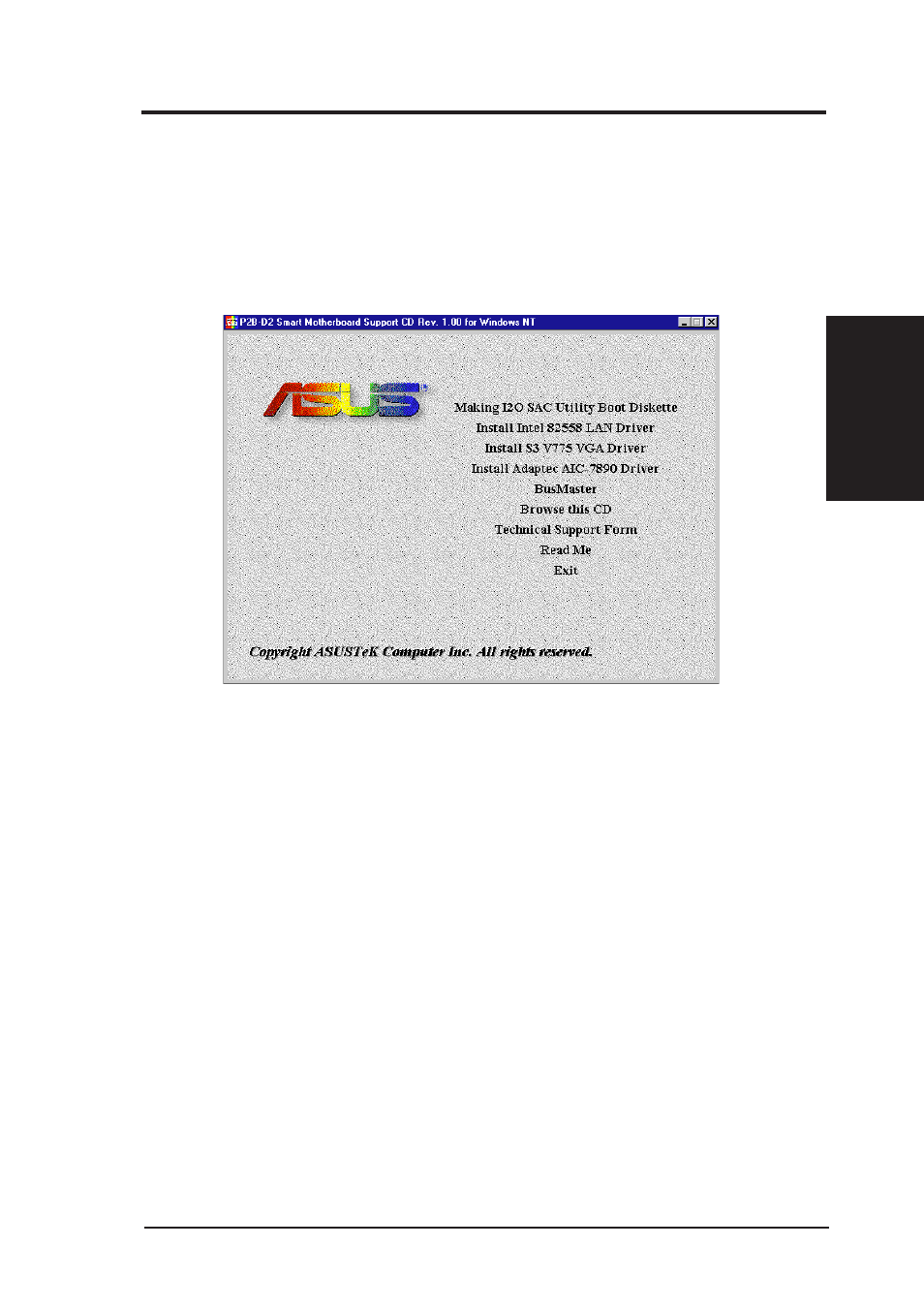 Windows nt 4.0, Windows nt 4.0 support cd main menu | Asus P2B-D2 User Manual | Page 77 / 152