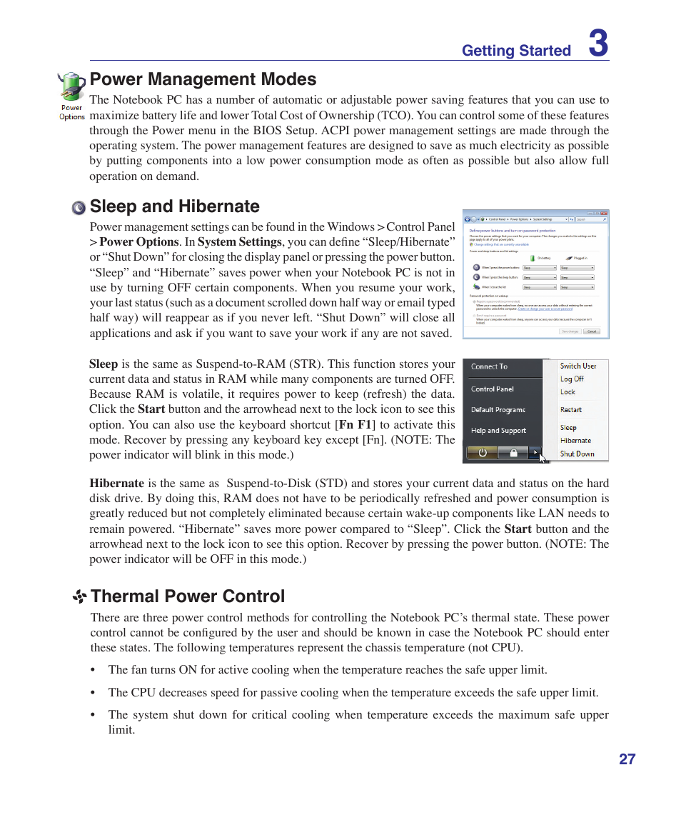 Power management modes, Sleep and hibernate, Thermal power control | Asus F7SR User Manual | Page 27 / 87