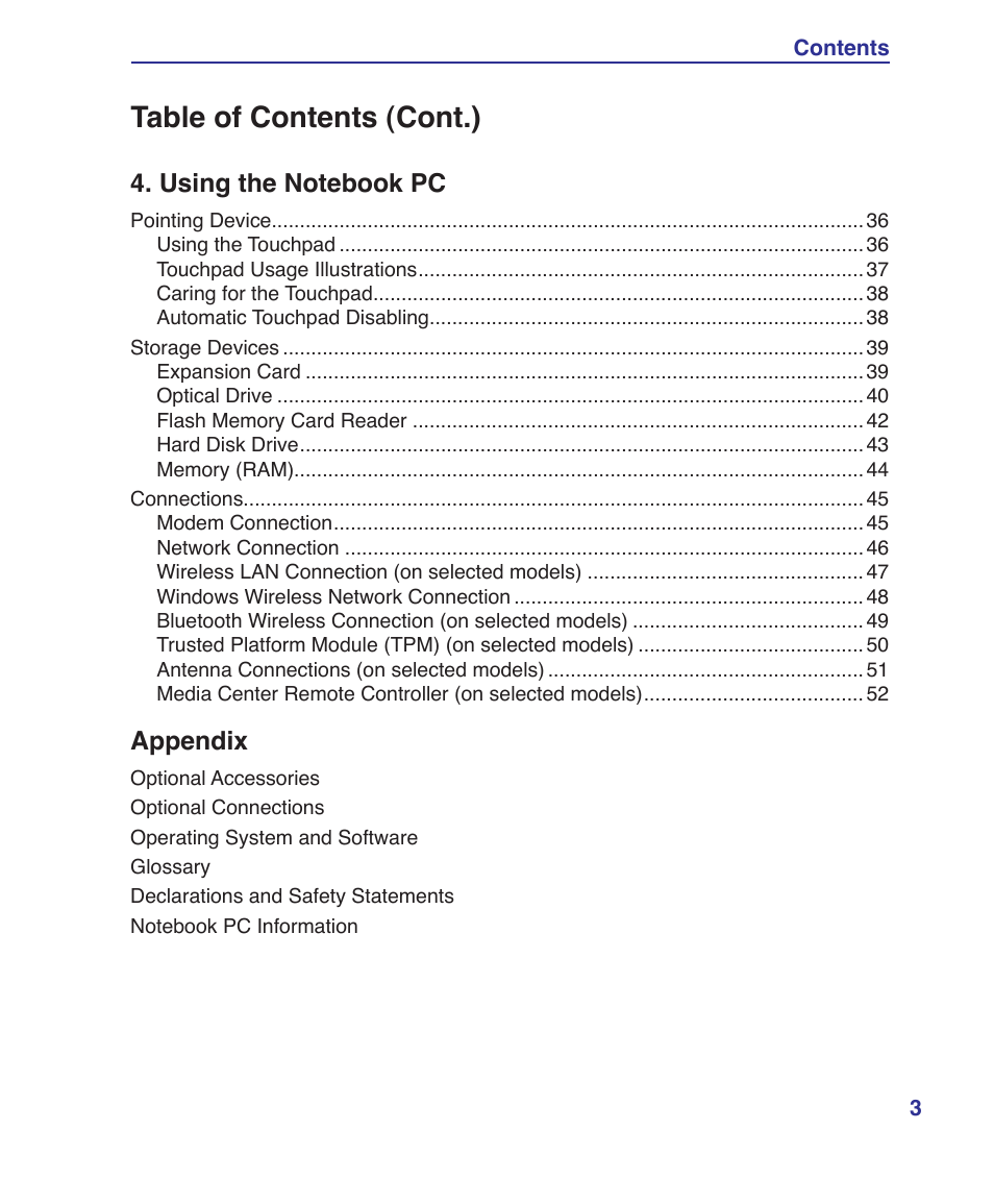 Table of contents (cont.) | Asus F7SR User Manual | Page 3 / 87