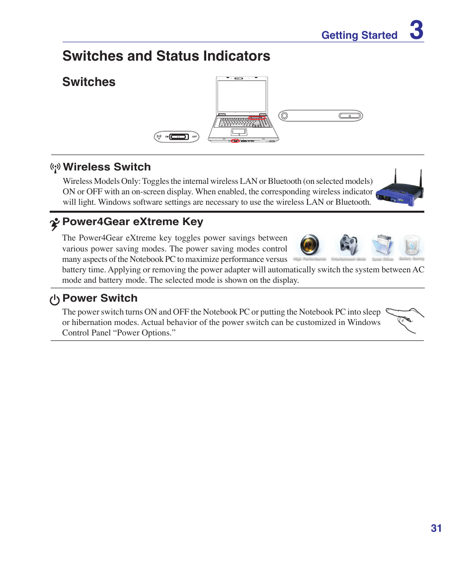 Switches and status indicators, Switches | Asus F7SR User Manual | Page 31 / 87