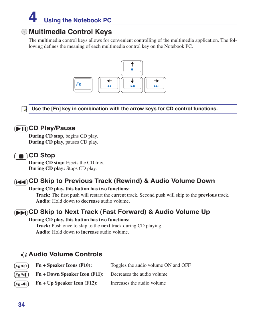 Multimedia control keys | Asus F7SR User Manual | Page 34 / 87