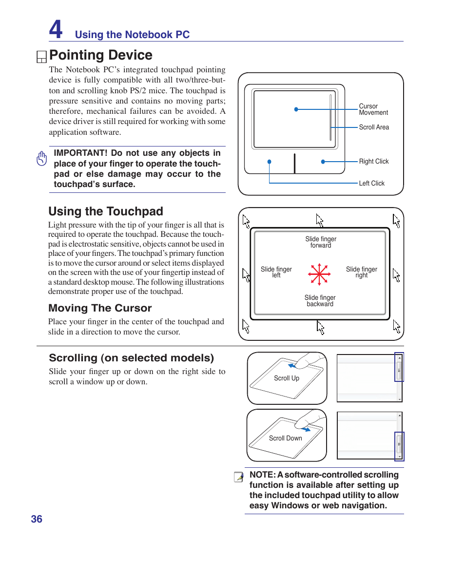 Pointing device, Using the touchpad | Asus F7SR User Manual | Page 36 / 87