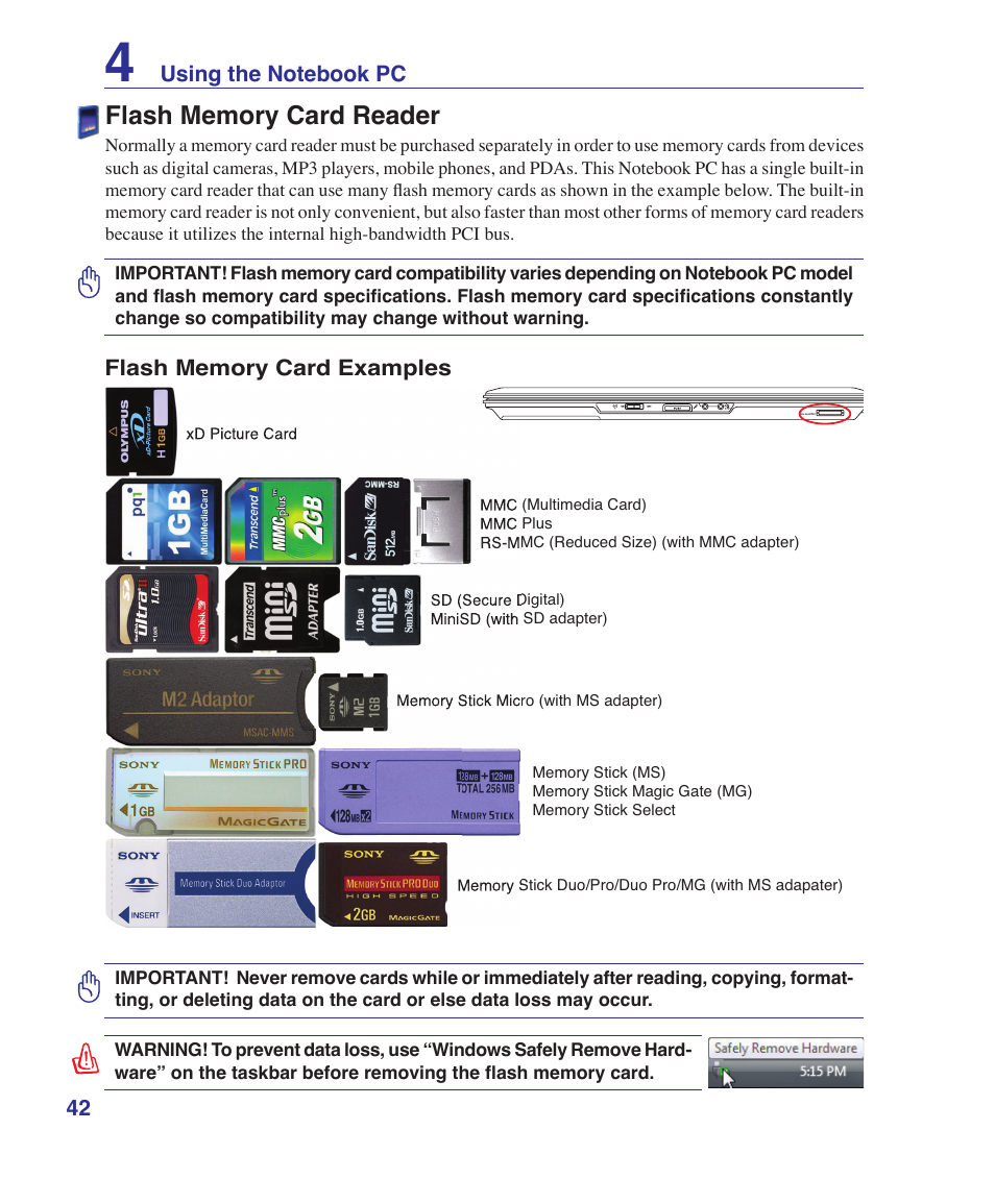 Flash memory card reader | Asus F7SR User Manual | Page 42 / 87