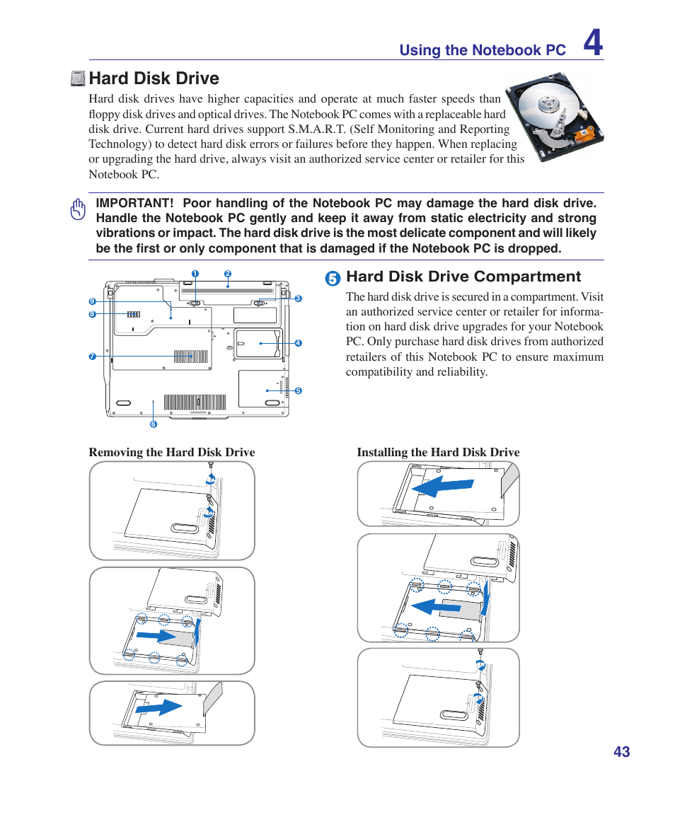 Hard disk drive, Hard disk drive compartment | Asus F7SR User Manual | Page 43 / 87