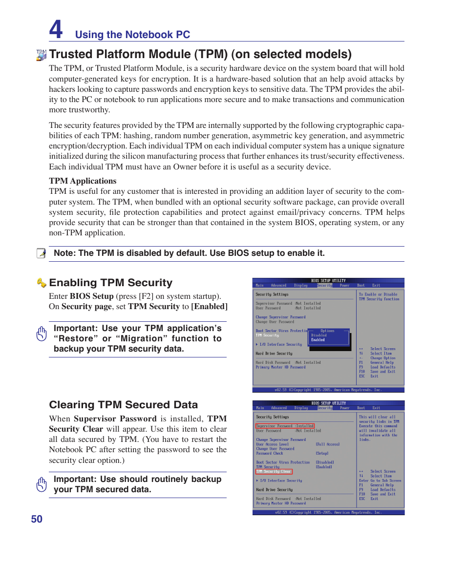 Trusted platform module (tpm) (on selected models) | Asus F7SR User Manual | Page 50 / 87