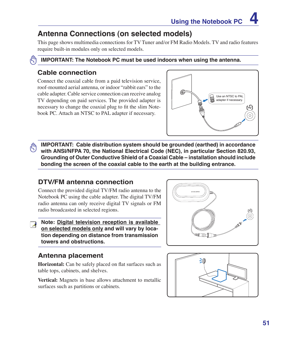 Antenna connections (on selected models) | Asus F7SR User Manual | Page 51 / 87