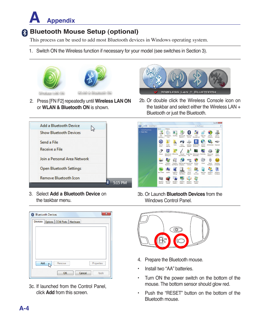 Appendix a-4, Bluetooth mouse setup (optional) | Asus F7SR User Manual | Page 58 / 87