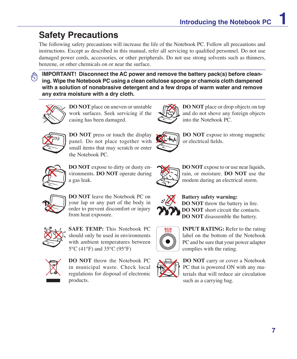 Safety precautions | Asus F7SR User Manual | Page 7 / 87