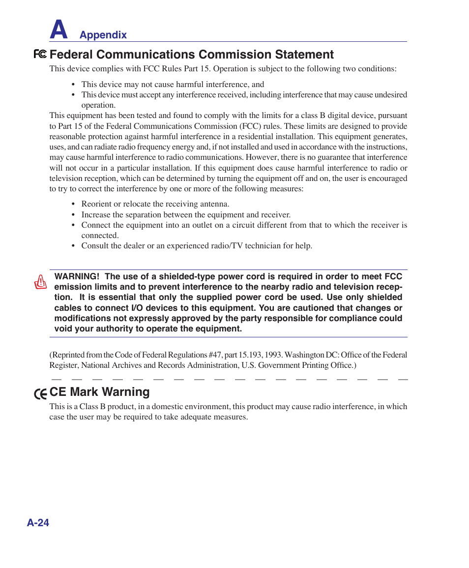 Federal communications commission statement, Ce mark warning | Asus F7SR User Manual | Page 78 / 87