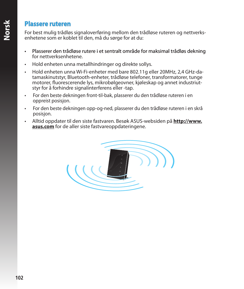 Norsk, Plassere ruteren | Asus RT-N56U User Manual | Page 102 / 168