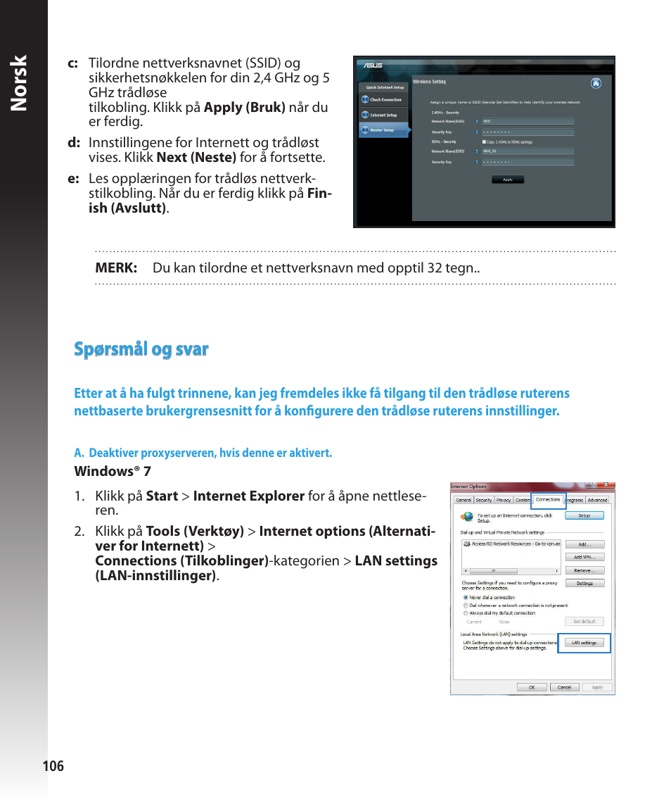 Norsk, Spørsmål og svar | Asus RT-N56U User Manual | Page 106 / 168