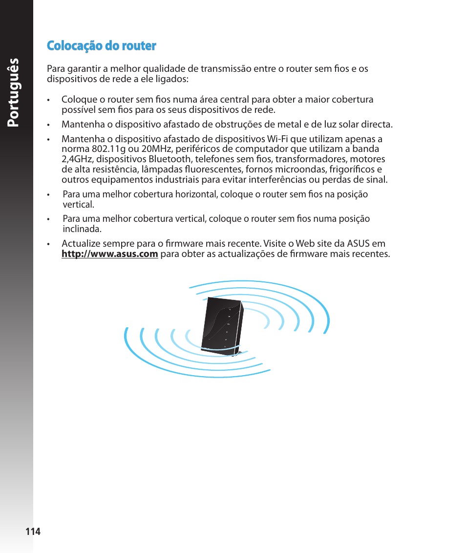 Por tuguês, Colocação do router | Asus RT-N56U User Manual | Page 114 / 168