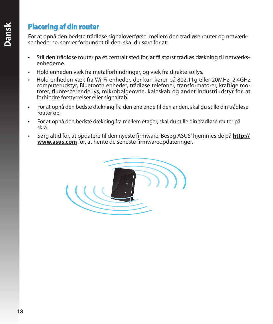 Dansk, Placering af din router | Asus RT-N56U User Manual | Page 18 / 168