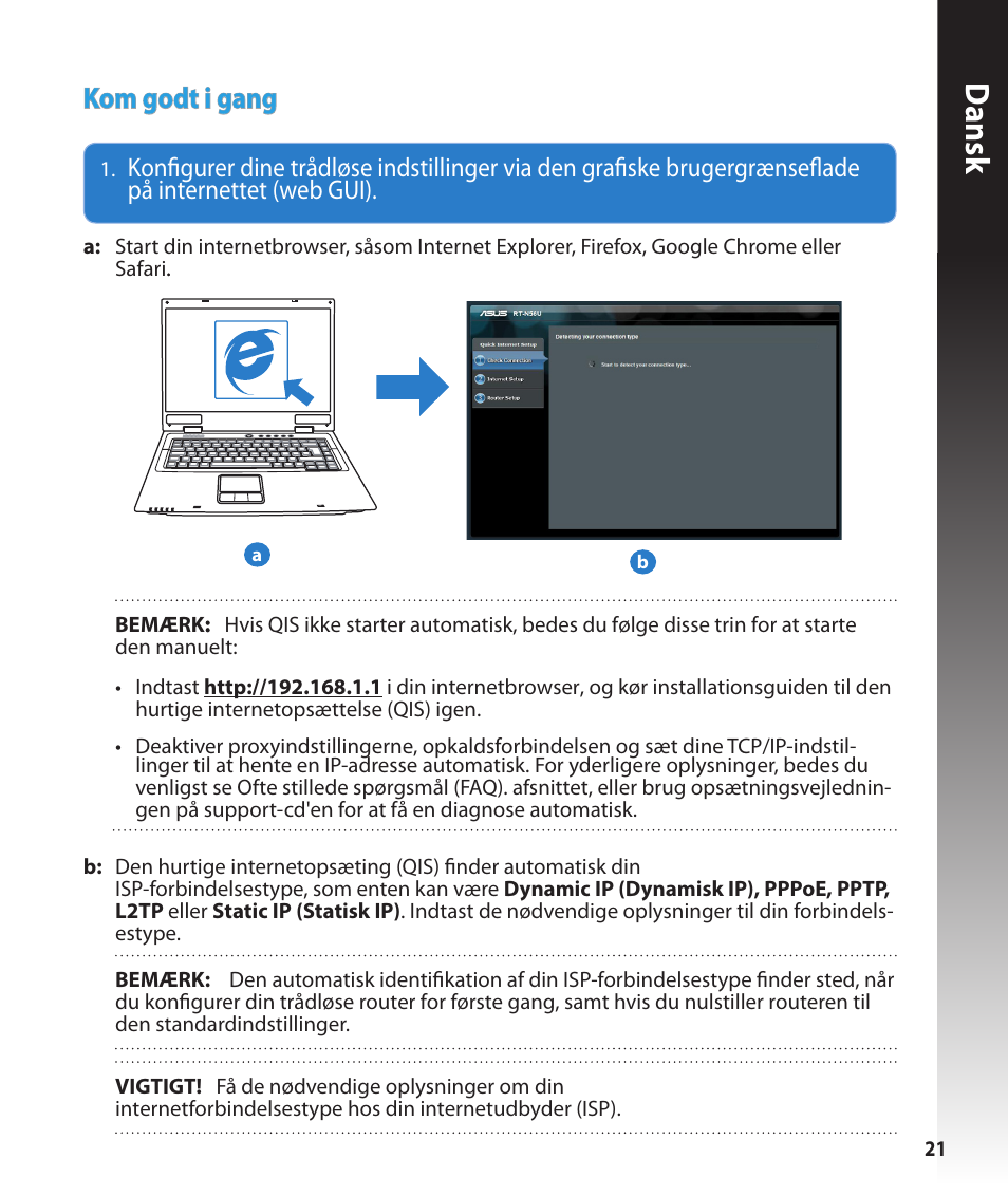 Dansk, Kom godt i gang | Asus RT-N56U User Manual | Page 21 / 168