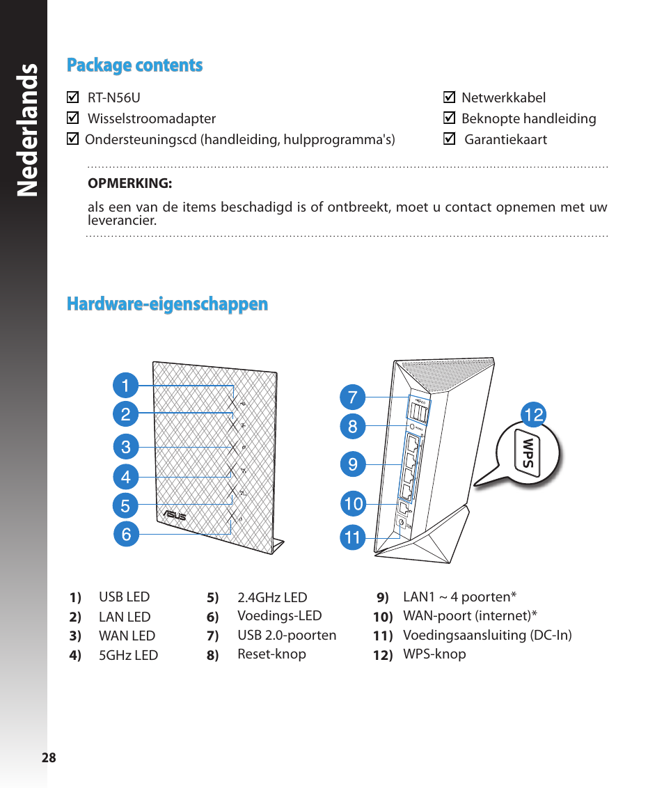 Neder lands, Package contents, Hardware-eigenschappen | Asus RT-N56U User Manual | Page 28 / 168