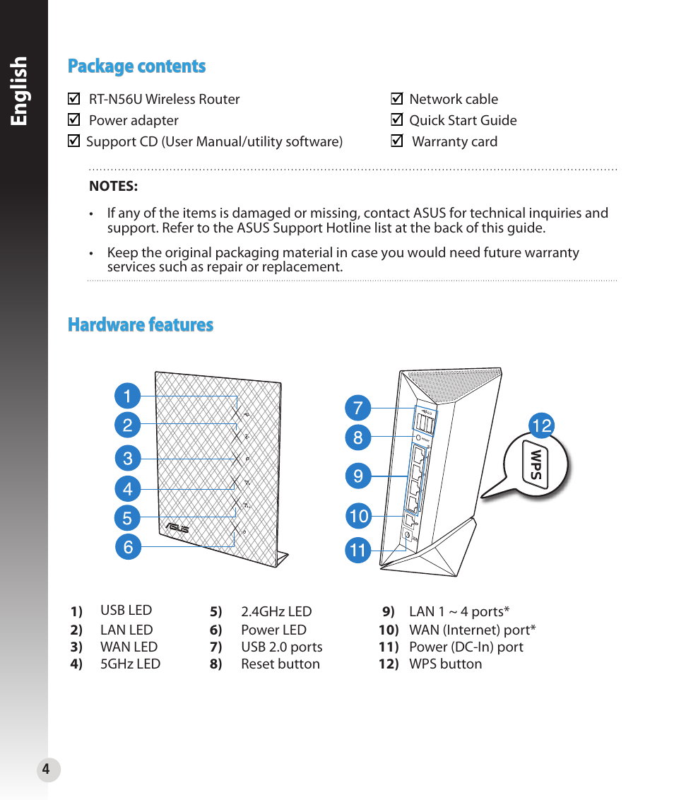 English, Package contents, Hardware features | Asus RT-N56U User Manual | Page 4 / 168