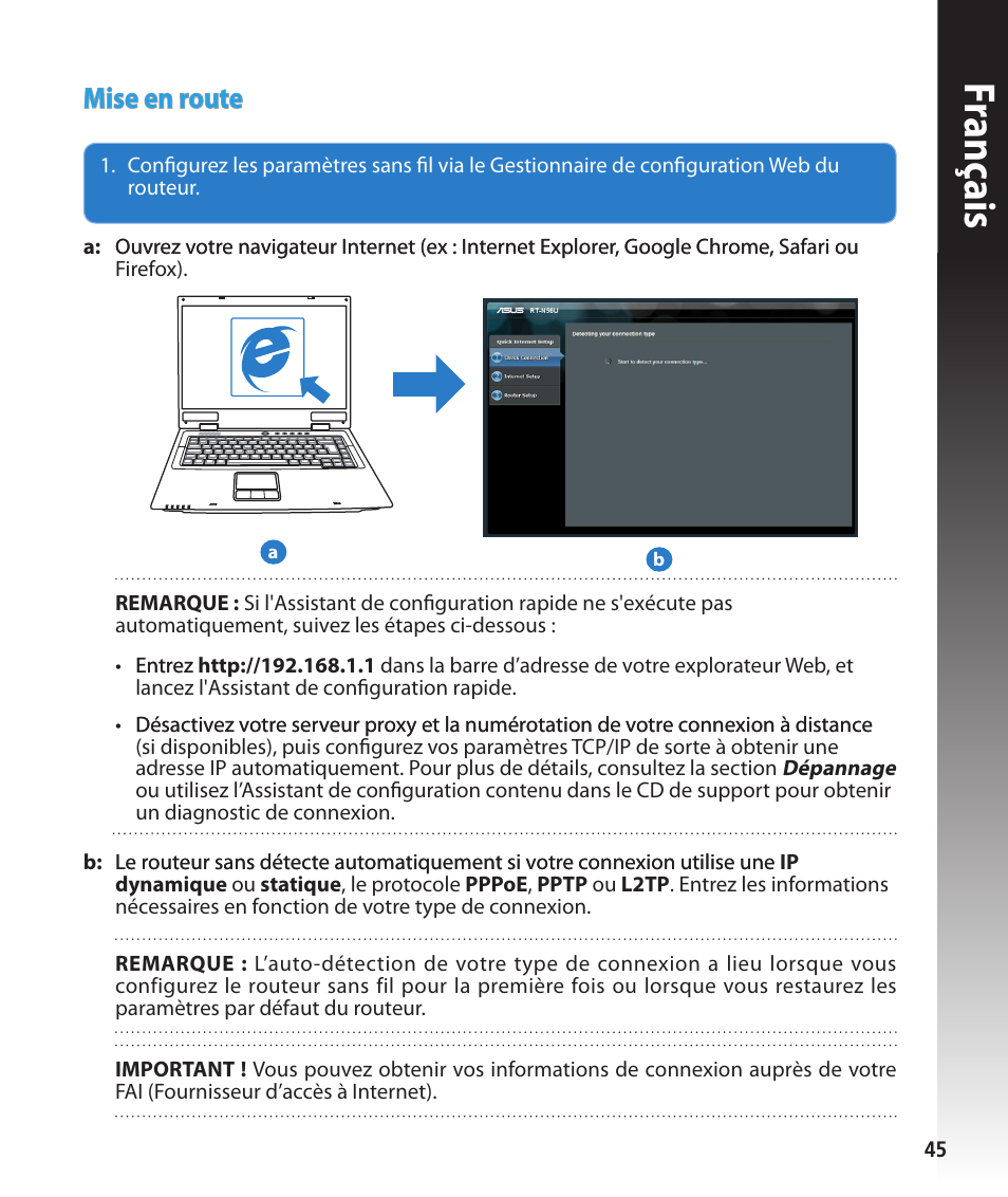 Franç ais, Mise en route | Asus RT-N56U User Manual | Page 45 / 168