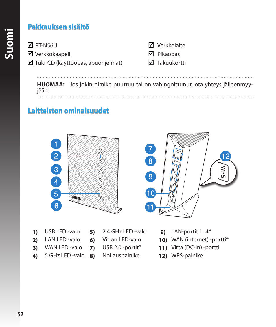 Suomi, Pakkauksen sisältö, Laitteiston ominaisuudet | Asus RT-N56U User Manual | Page 52 / 168