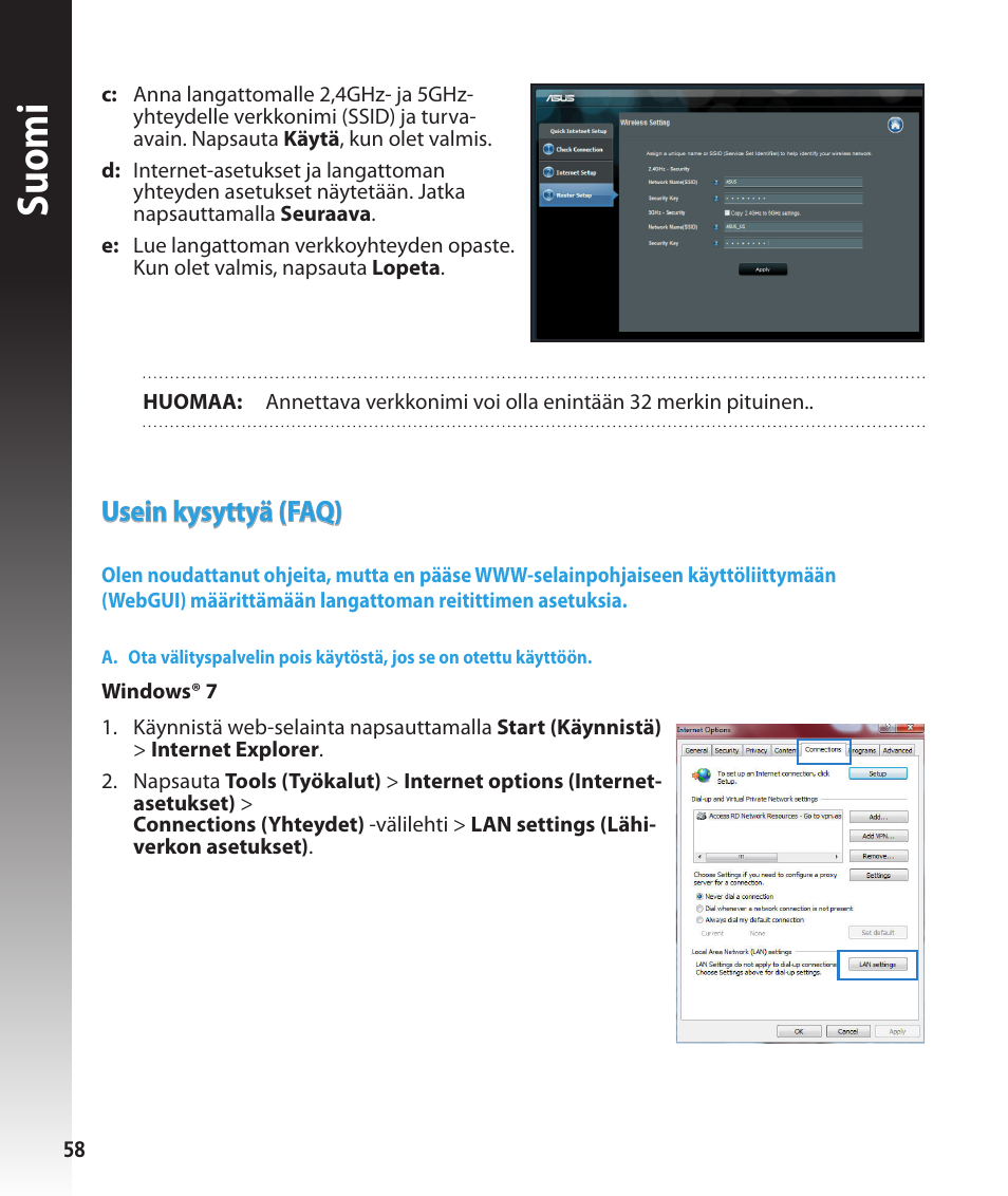Suomi, Usein kysyttyä (faq) | Asus RT-N56U User Manual | Page 58 / 168