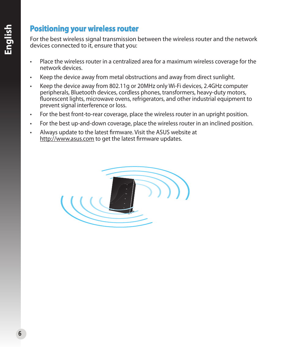 English, Positioning your wireless router | Asus RT-N56U User Manual | Page 6 / 168