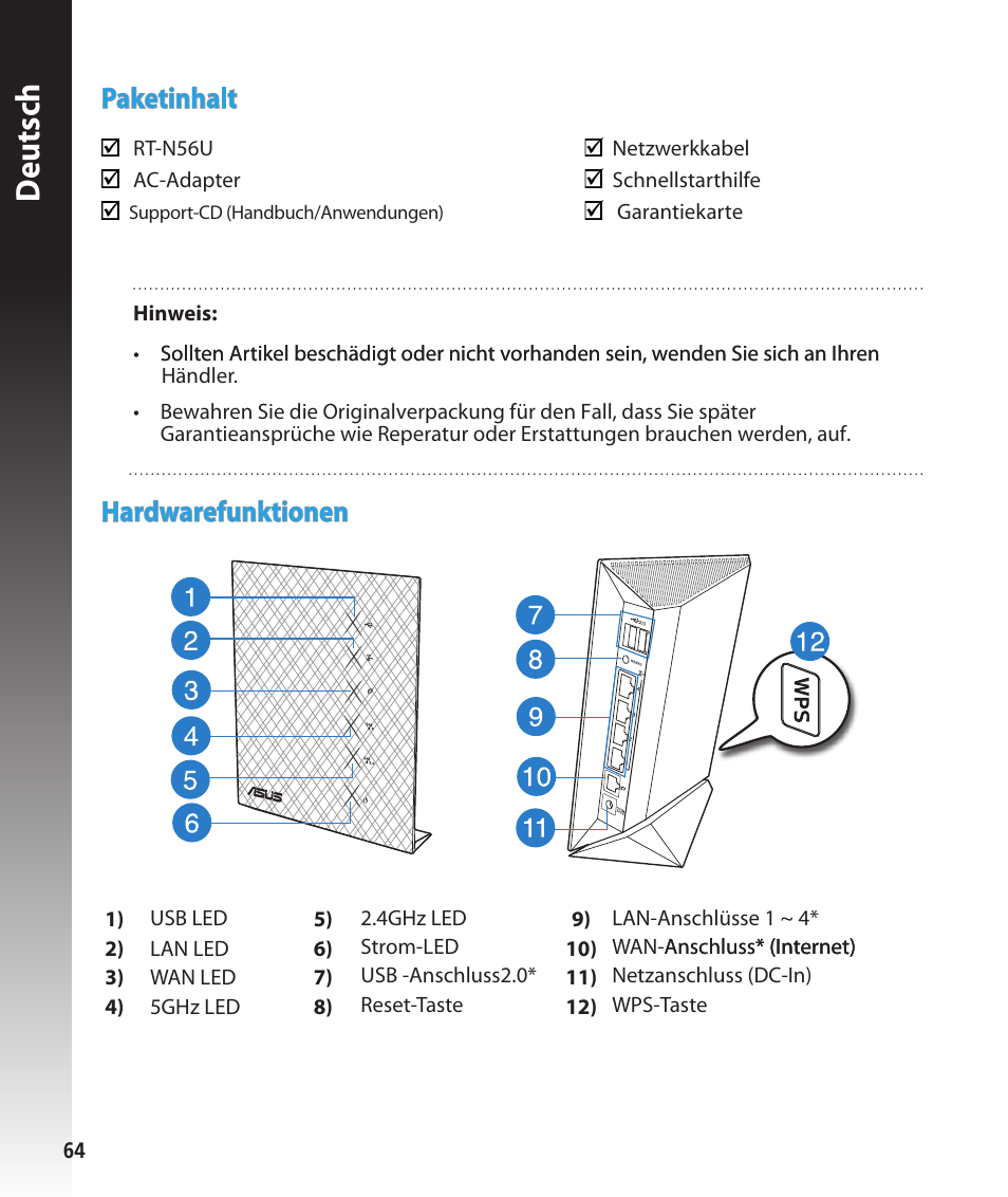 Deutsch, Paketinhalt, Hardwarefunktionen | Asus RT-N56U User Manual | Page 64 / 168