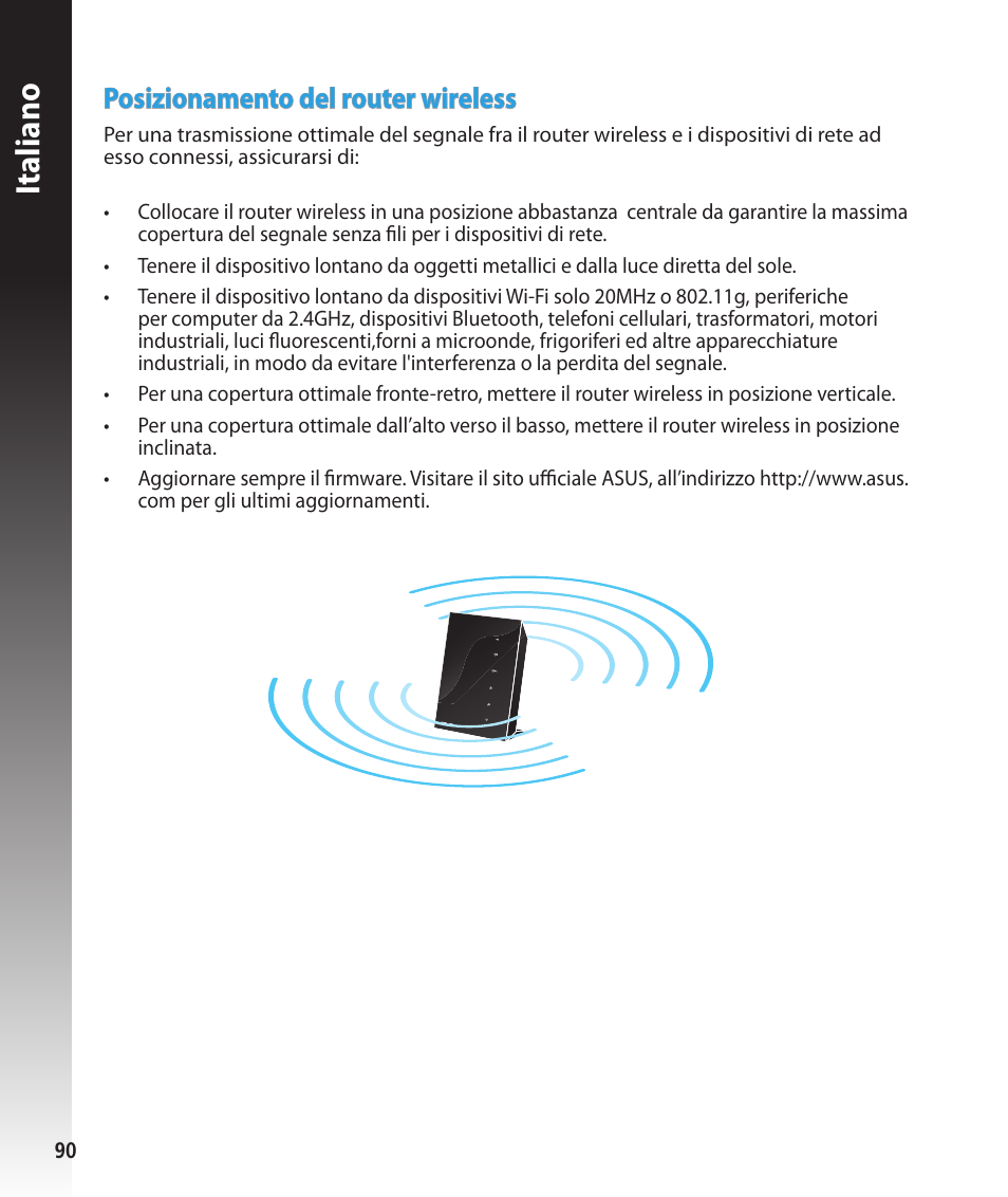 Italiano, Posizionamento del router wireless | Asus RT-N56U User Manual | Page 90 / 168