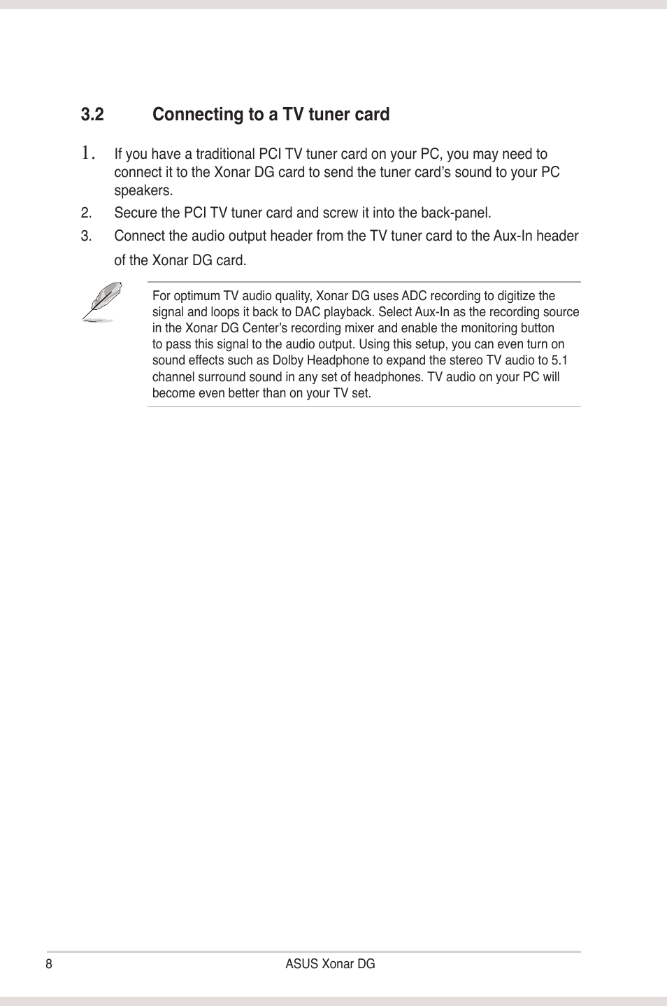 2 connecting to a tv tuner card, Connecting to a tv tuner card, 2 connecting to a t� tuner card | Asus Xonar DG User Manual | Page 14 / 58