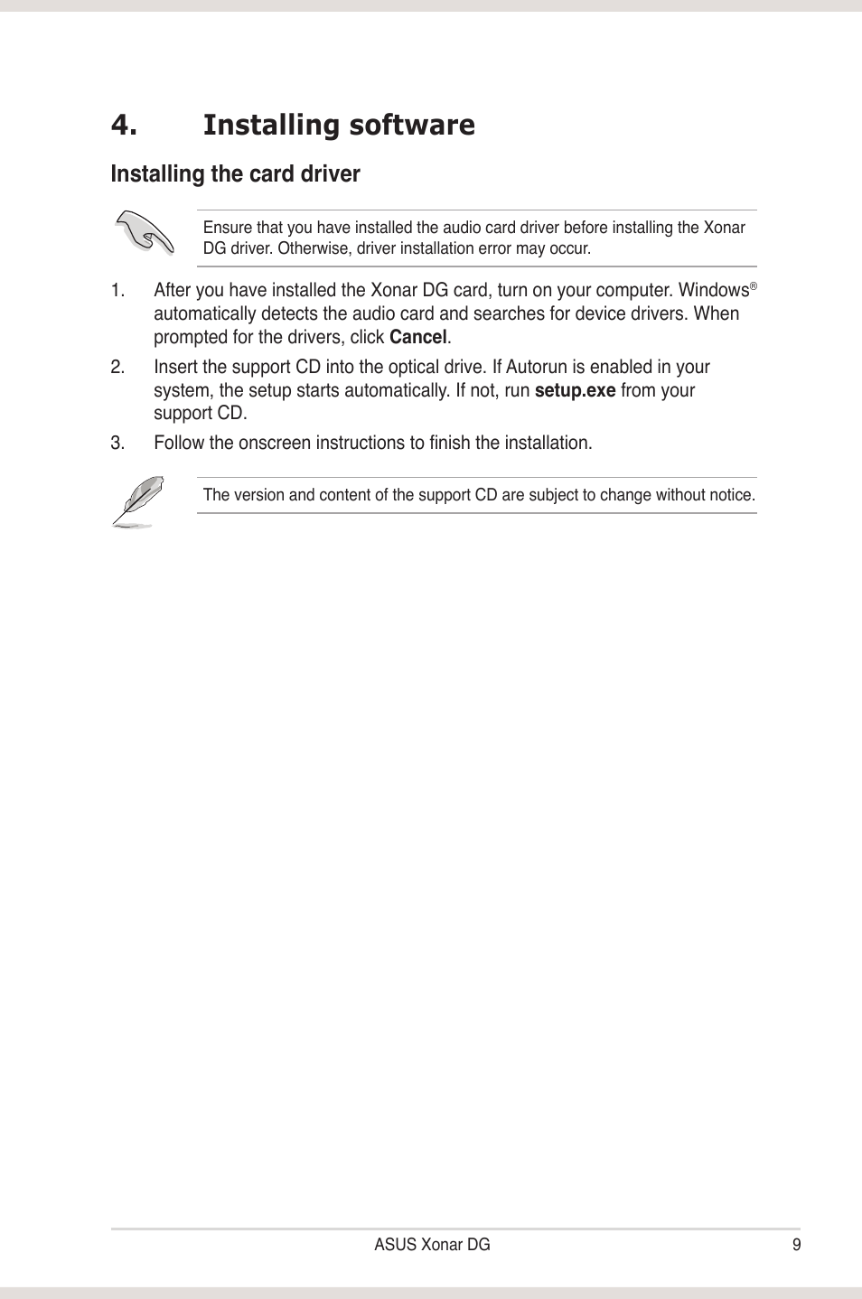 Installing software, Installing the card driver | Asus Xonar DG User Manual | Page 15 / 58