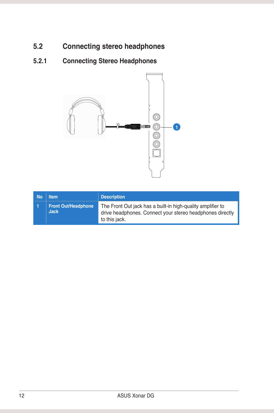 2 connecting stereo headphones, Connecting stereo headphones, 1 connecting stereo �eadphones | Asus Xonar DG User Manual | Page 18 / 58