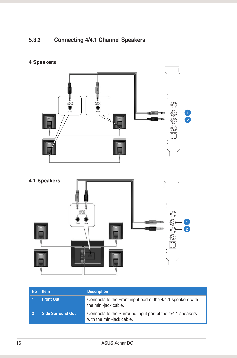 3 connecting 4/4.1 channel speakers | Asus Xonar DG User Manual | Page 22 / 58