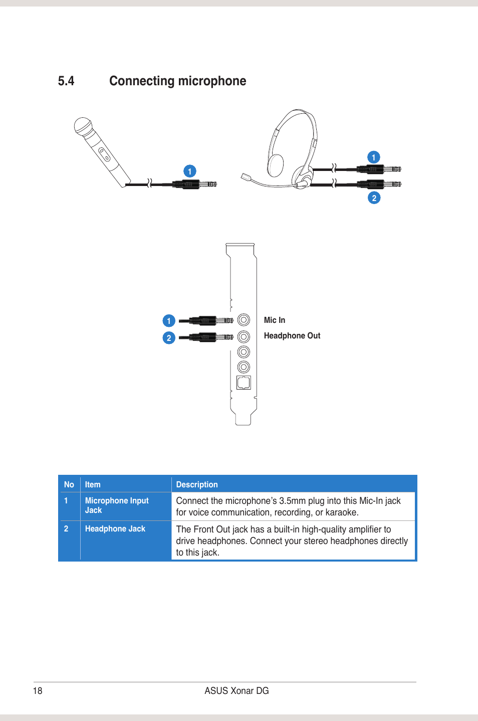 4 connecting microphone, Connecting microphone | Asus Xonar DG User Manual | Page 24 / 58