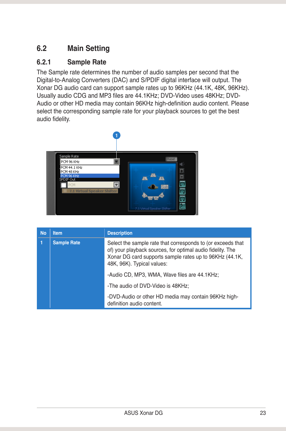 2 main setting, Main setting, 1 sample rate | Asus Xonar DG User Manual | Page 29 / 58