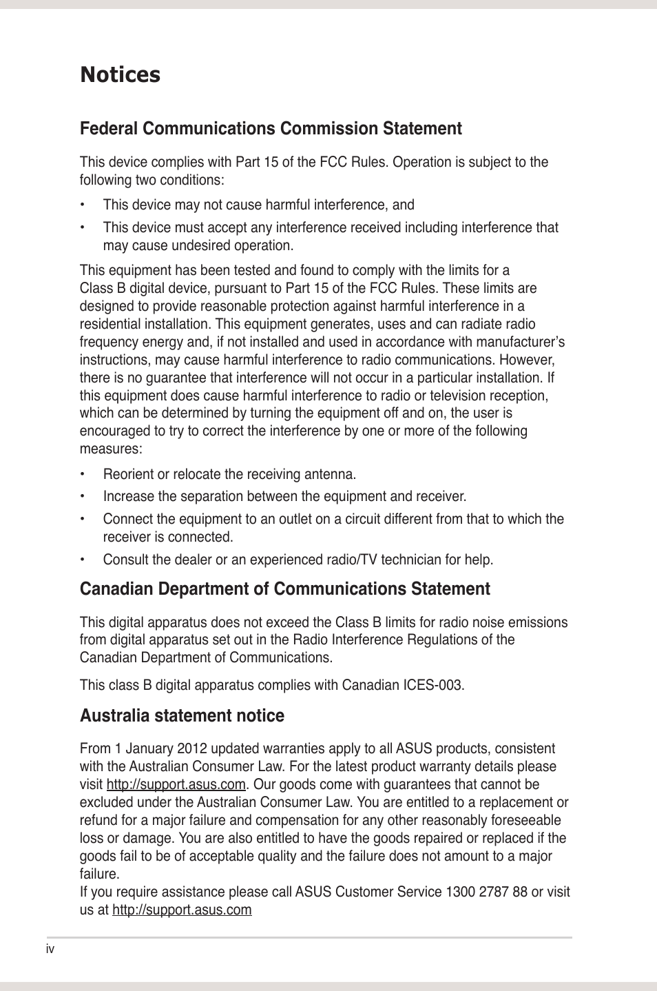 Notices, Federal communications commission statement, Canadian department of communications statement | Australia statement notice | Asus Xonar DG User Manual | Page 4 / 58